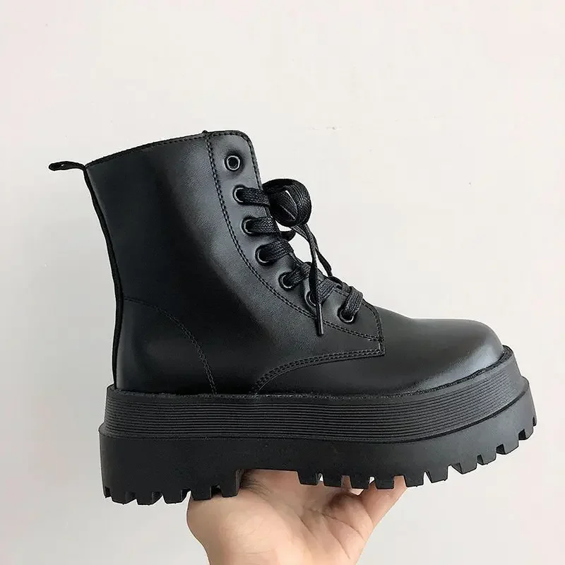 Footwear with Laces Women\'s Ankle Boots Combat Biker Short Shoes for Woman Lace-up Booties Platform Punk Style Chunky Boot Pu 39