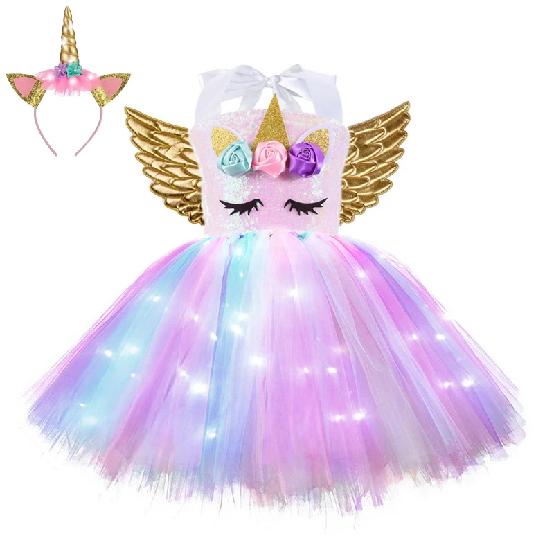 Ragazze Halloween incandescente unicorno Costume bambini paillettes arcobaleno festa di compleanno luci a LED Tutu abiti principessa costumi Cosplay