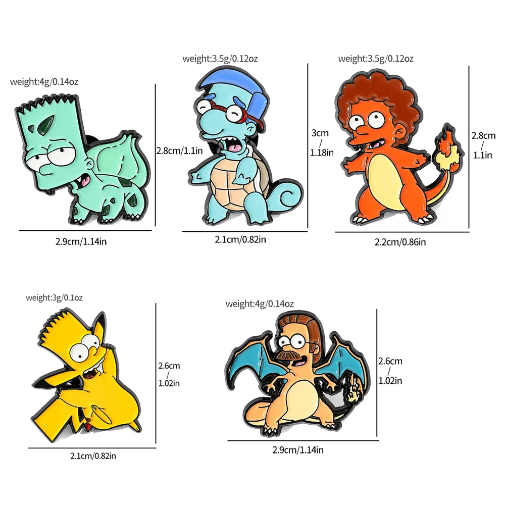 5Pcs/Set The Simpsons x Pokemon Mashup Enamel Pins, Cute Anime Character Brooches, Pikachu Bart Simpson Lapel Pins for Backpacks