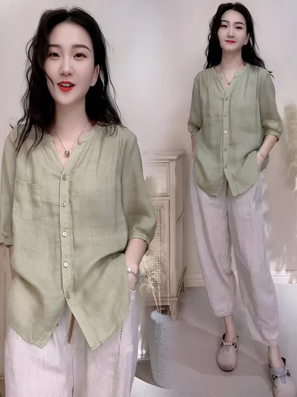 한국 스타일 순색 심플 린넨 여성 여름 얇은 루즈핏 브이넥 트렌디 스몰 원피스 패셔너블