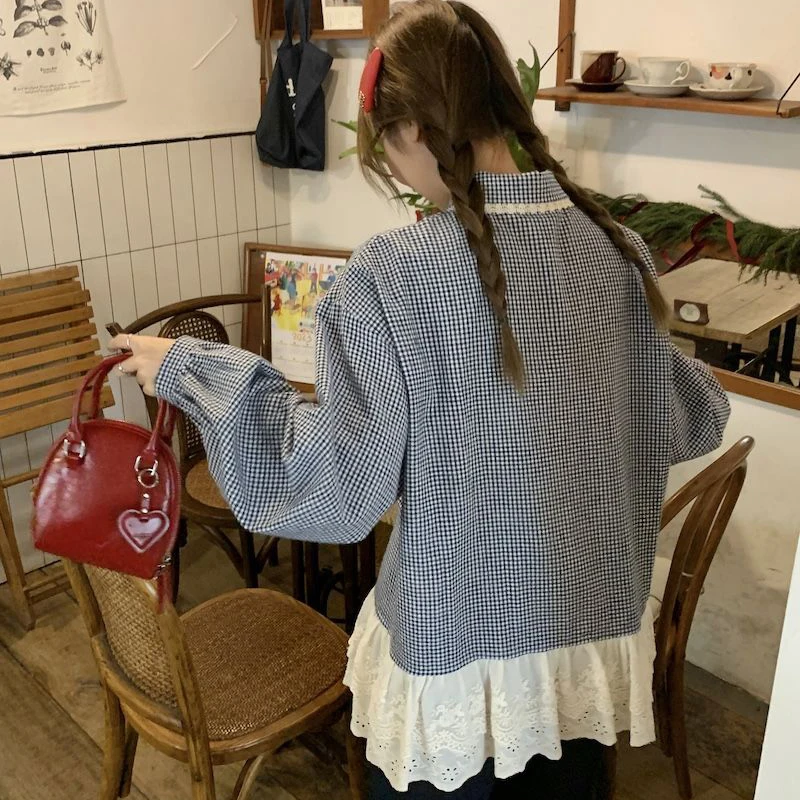 Sweet Plaid Women Shirt Cute Long Sleeve Blue Patchwork Bouse Lace Peter Pan Collar Single Breasted Preppy Style Top