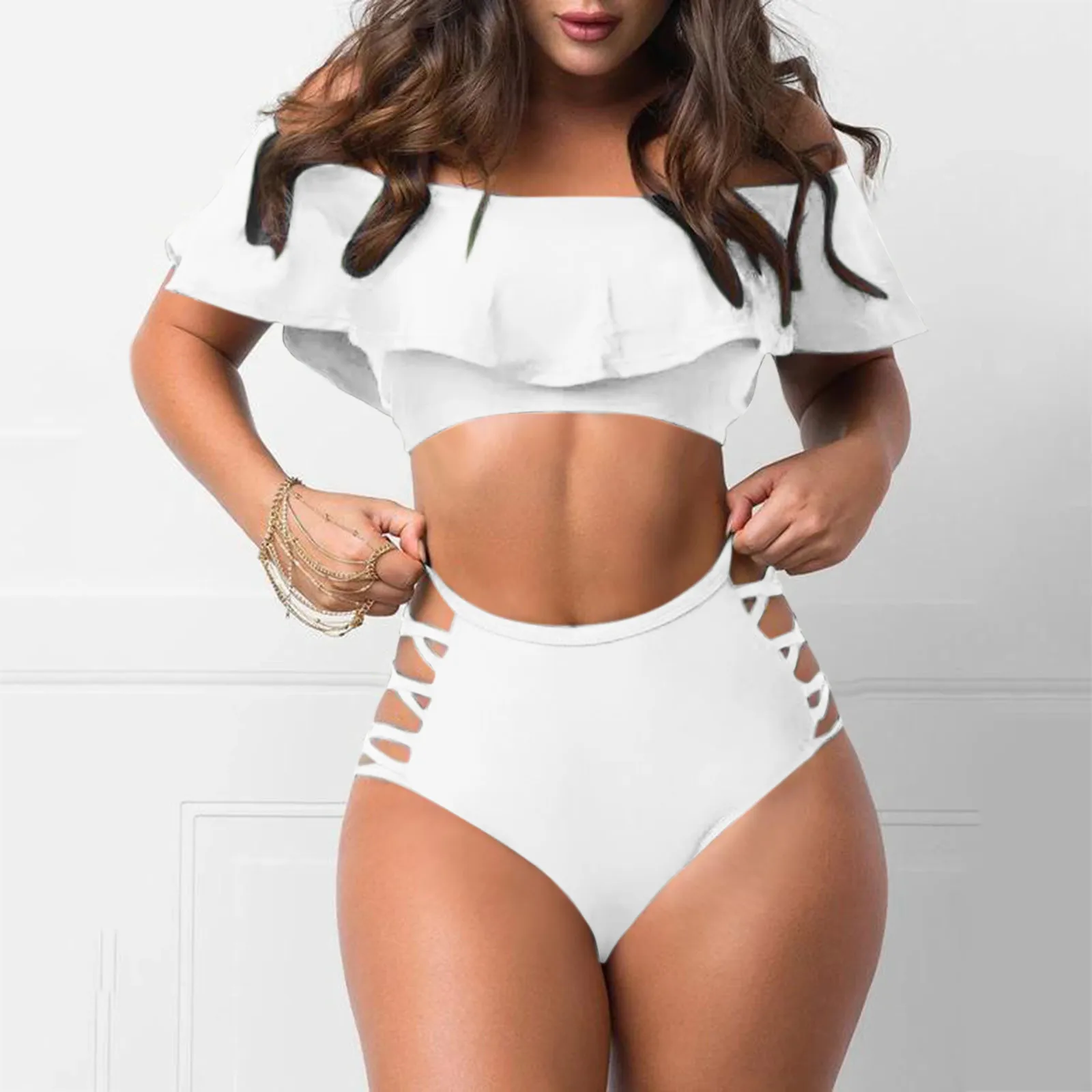 Conjunto de Bikini con volantes para mujer, bañador Sexy, ropa de playa de cintura alta, traje de baño de dos piezas