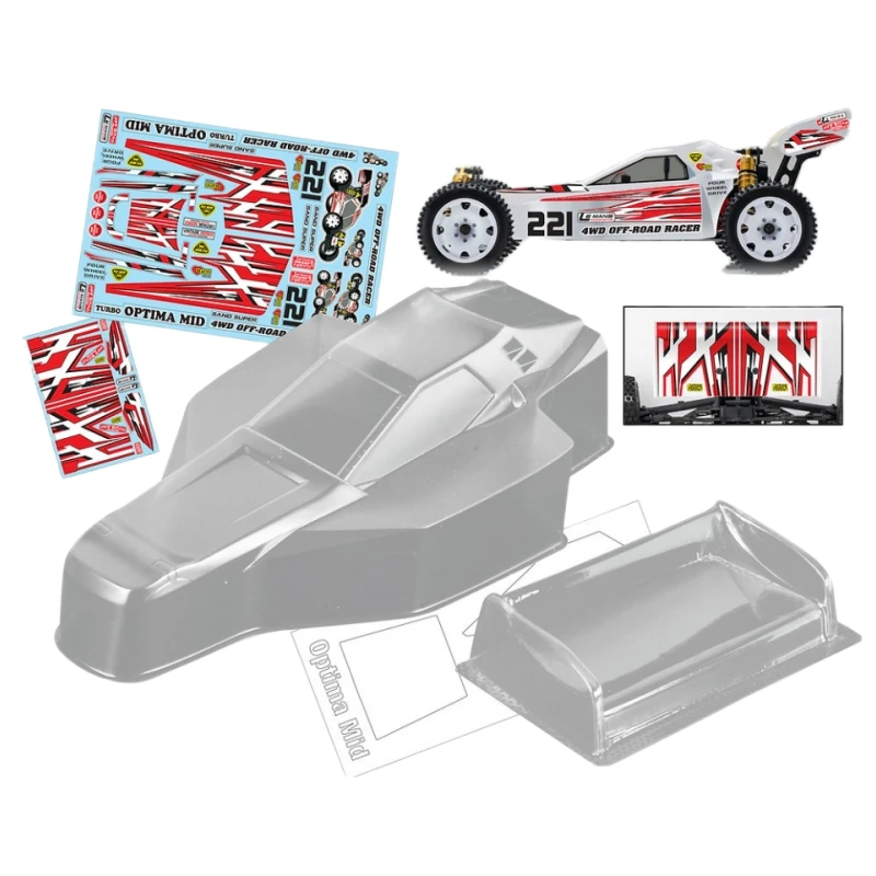 

1/10 Kyosho Optima Mid Clear Lexan Body W/Rear Wing, Off-Road Racer, 4WD RC Car Shell