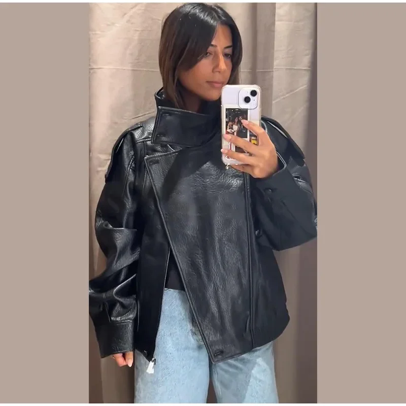 Fashion Dark Grey Suede Bomber Jacket Women Stand Collar Oversize Asymmetric Street Coats 2026 Autumn All Match Streetwear New