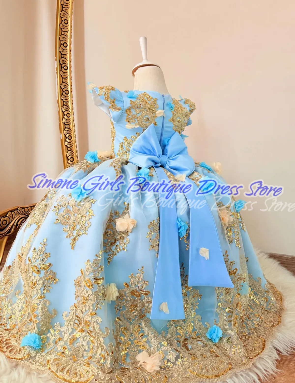 Appliques Blue Bow short-sleeved princess dress Flower Girl Dress for Birthday party Instrumental playing Dance Performances