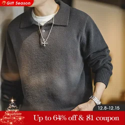 Maden Arctic Fleece Polo Sweater Heavyweight Faux Mink Lapel Knit Pullover Men's Vintage Warm Jumper Winter Dark Gray Tops