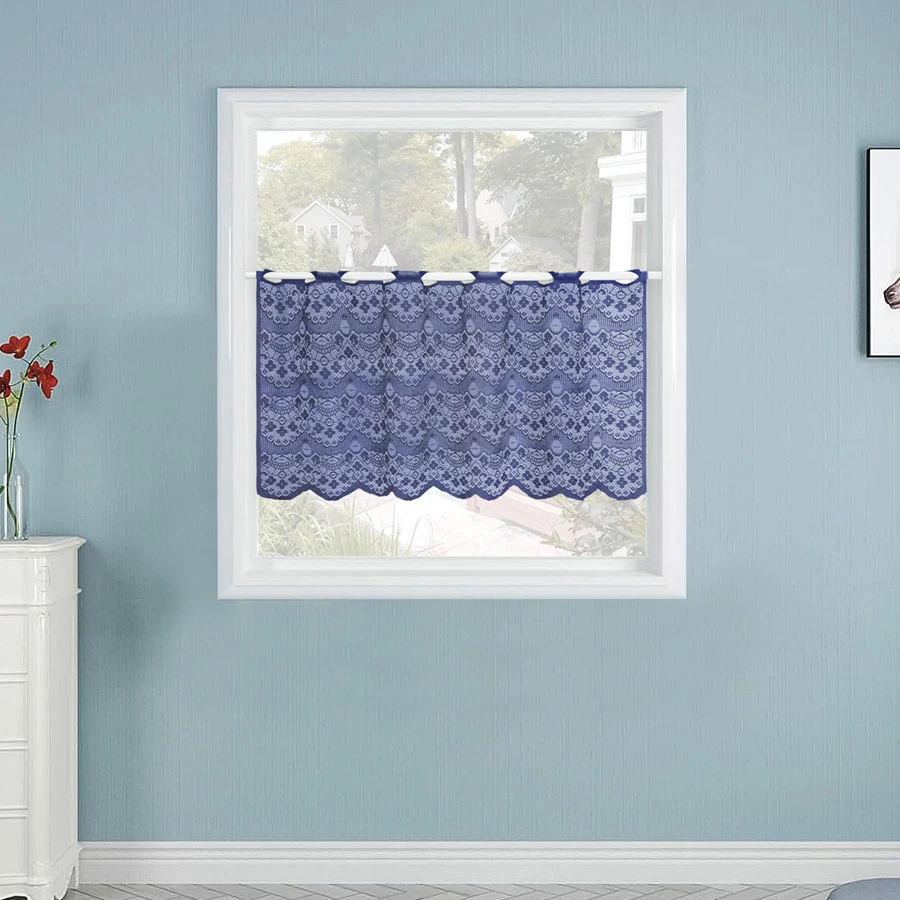 1 stücke Blau Warp Gestrickte Spitze Durch Die Stange Fertig Kleine Kurze Vorhang Küche Vorhang Schrank Glas Schatten Kaffee Vorhang