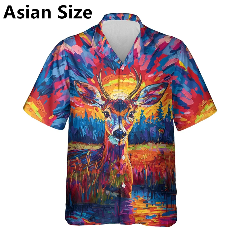 Trend Deer Graphic Shirts For Men Fashion Summer Lapel Button 3D Animals Printed Hawaiian Shirt Trend Streetwear Oversized Tops