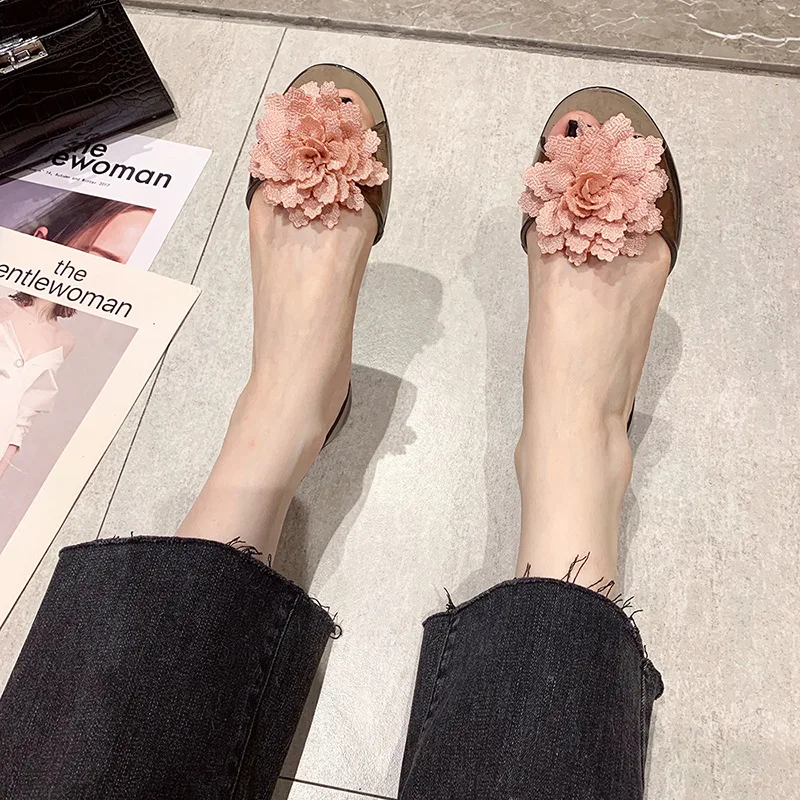 Women\'s PVC Jelly Shoes Lat Fish Mouth Flower Beach Shoes Seaside Leisure Fashion Transparent Sandals 2024 Summer Ladies Flats