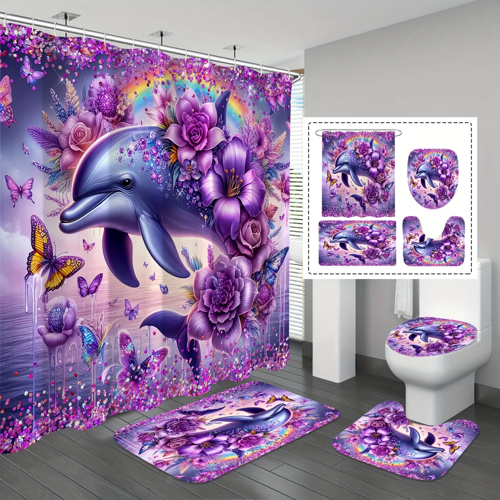 Glitter Dolphin Shower Curtain Set, Gorgeous Floral Shower Curtain Bathroom Decor with Non-slip Bathroom Rug