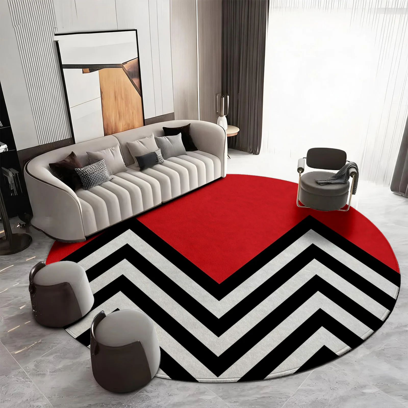 tapete-geometrico-redondo-chic-com-padrao-chevron-para-decoracao-de-sala-de-estar-estilo-moderno-em-preto-branco-e-vermelho