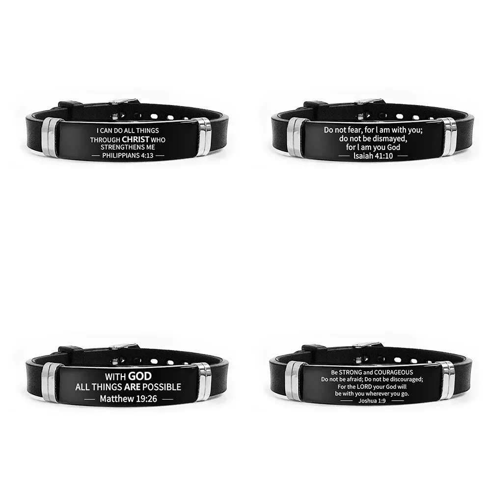 Pulsera de Acero Inoxidable Negro con Versículo Bíblico, Material de Silicona, Pulsera de Fe Cristiana Ajustable