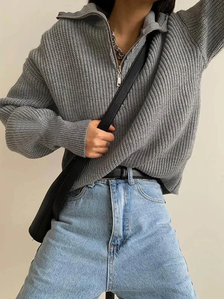 Women's Winter Sweaters Solid Grey Ladies Turtleneck Casual Loose Thick Zippers Pullovers Beautiful Oversized Sweater Women