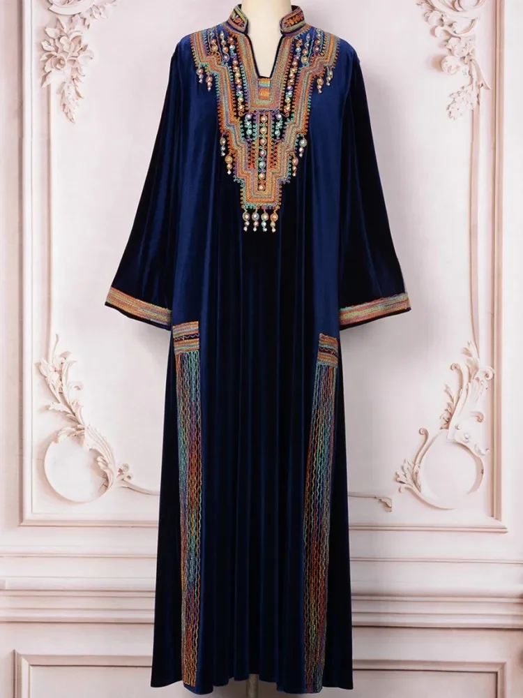 

African Dresses For Women Elegant Velvet Embroidery New Muslim Fashion Abayas Dashiki Robe Kaftan Maxi Dress Turkish Africa