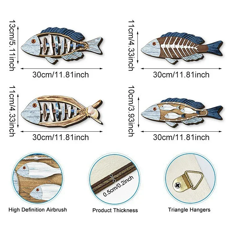 Mediterranean Wooden Wall Decor Fish Design Wall Ornament Nautical Wall Decoration Wooden Wall Hanging for Home Living Room