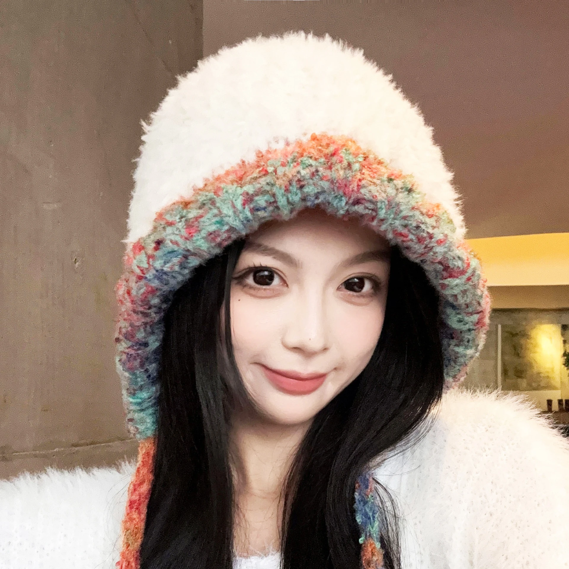 Plush Hat Winter Warm Collision Color Drawstring Ear Protection Hat Korean Version Of The Hundred Matching Woolen Knitted Cap