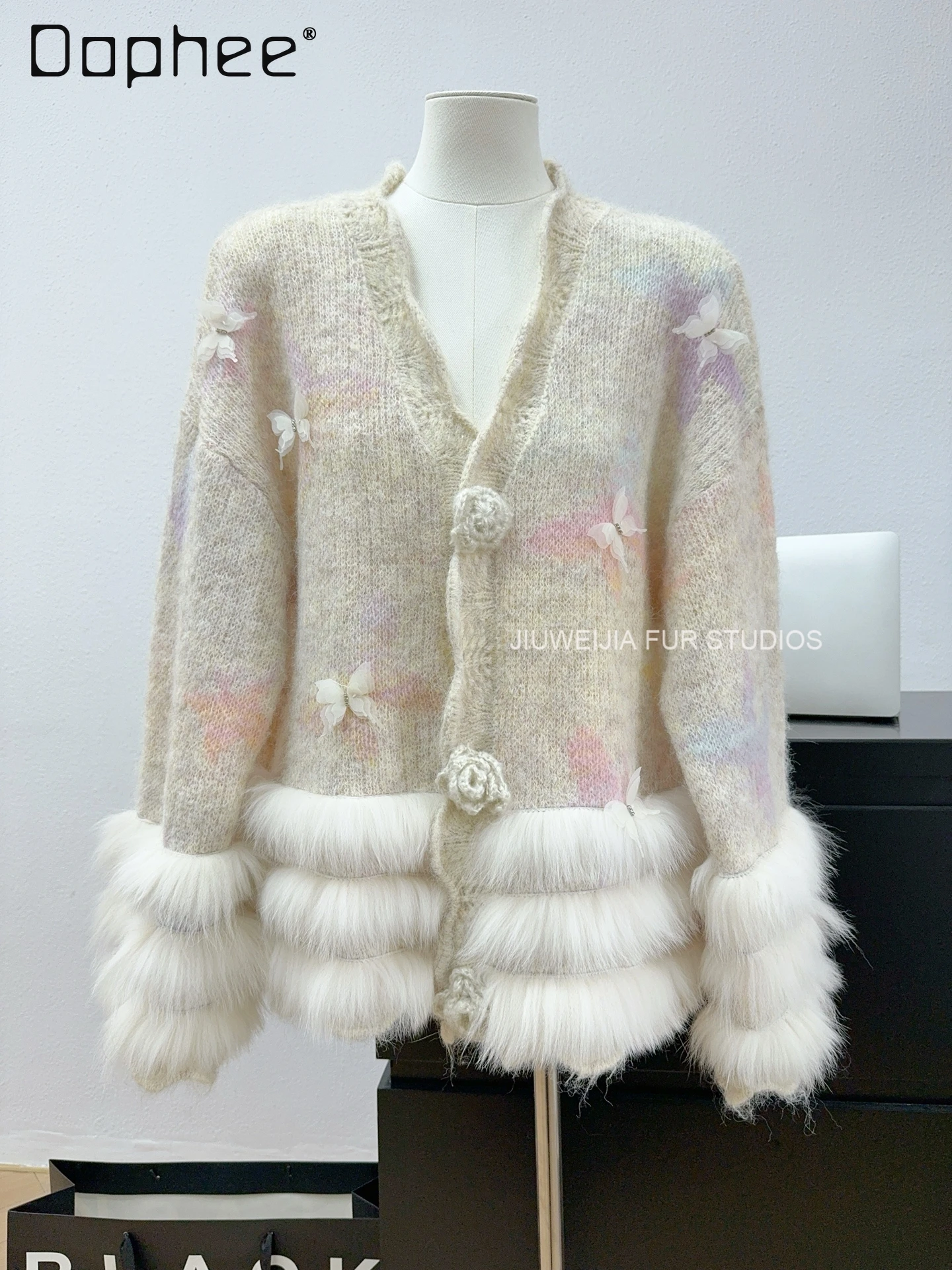 Herbst Winter Neue Süße Sanfte Schmetterling Druck Wolle Fuchs Pelz Verstärktes Strickjacke Pullover Frauen Elegante Mode Weiche Strickjacke