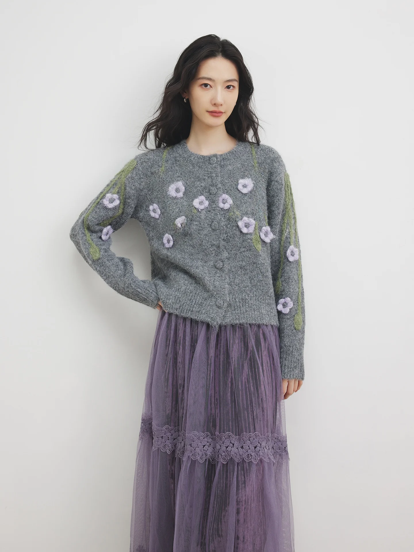 

Женский вязаный кардиган Annata из шерсти с цветочным узором, мягкий, теплый, прямого кроя, длинный, с круглым вырезом, пуловер, трикотаж