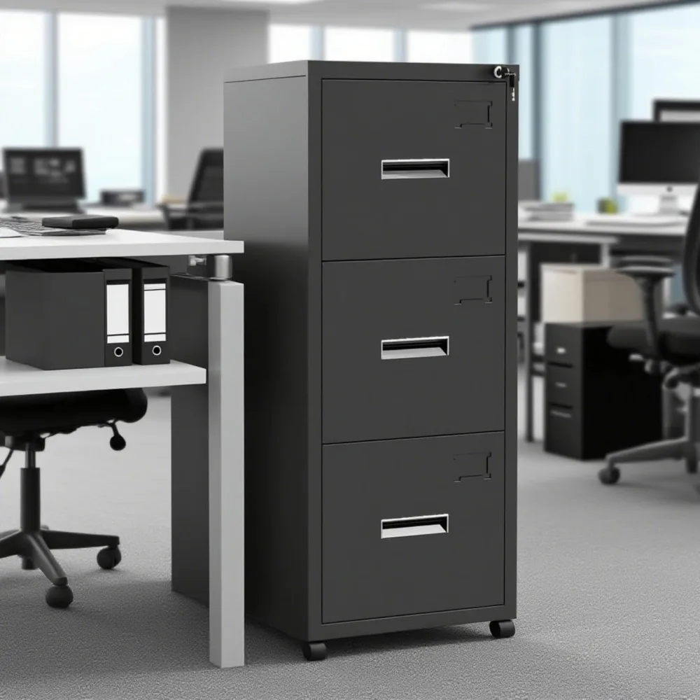 خزانة ملفات عمودية معدنية آمنة مع قفل، فتحات للبطاقات، مثالية للاستخدام المكتبي والمنزلي، تصميم نحيف للتخزين الموفر للمساحة