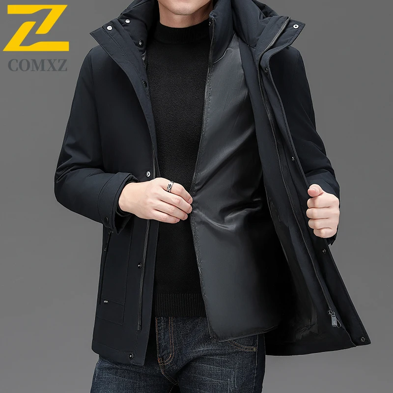 COMXZ Luxury Men Down Jacket New High-quality Goose Down Work Lightweight Puffer Jacket Detachable Hood Travel Warm Winter Coats