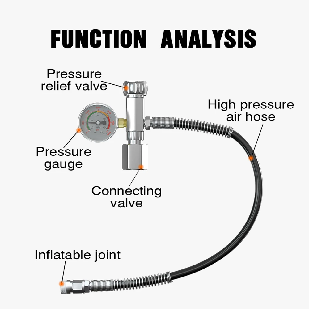 TUDIVING-4500Psi 300Bar Diving Bottle Inflation Valve Adapter, Big Bottle to Small Bottle, Scuba Converter with Pressure Gauge