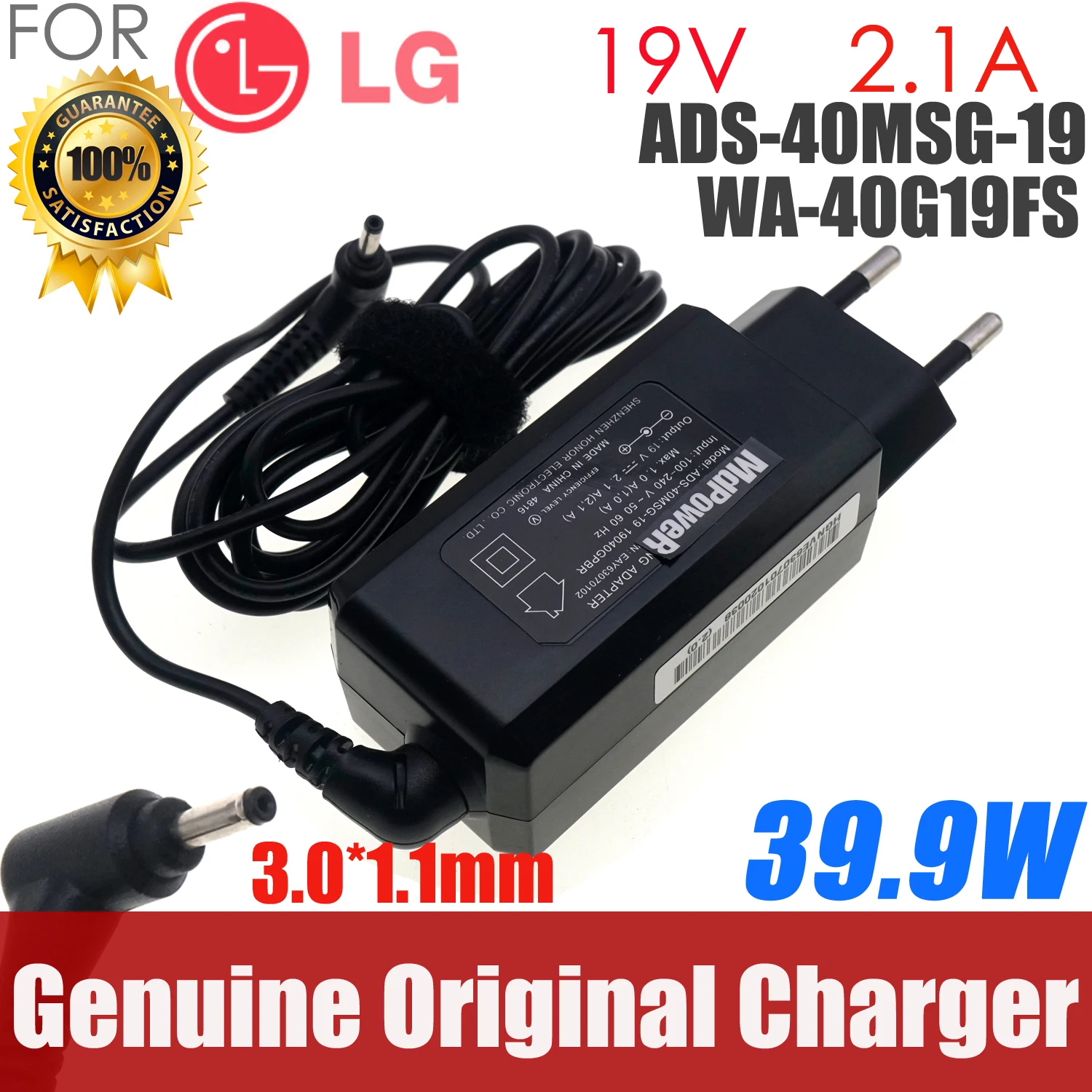 

19V 2.1A 40W EAY63128601 For LG AC Power Adapter Charger ADS-40MSG-19 LCAP48-BK 19040GPKLG 11T540 11T740 13Z940 13ZD940 3.0*1.1m