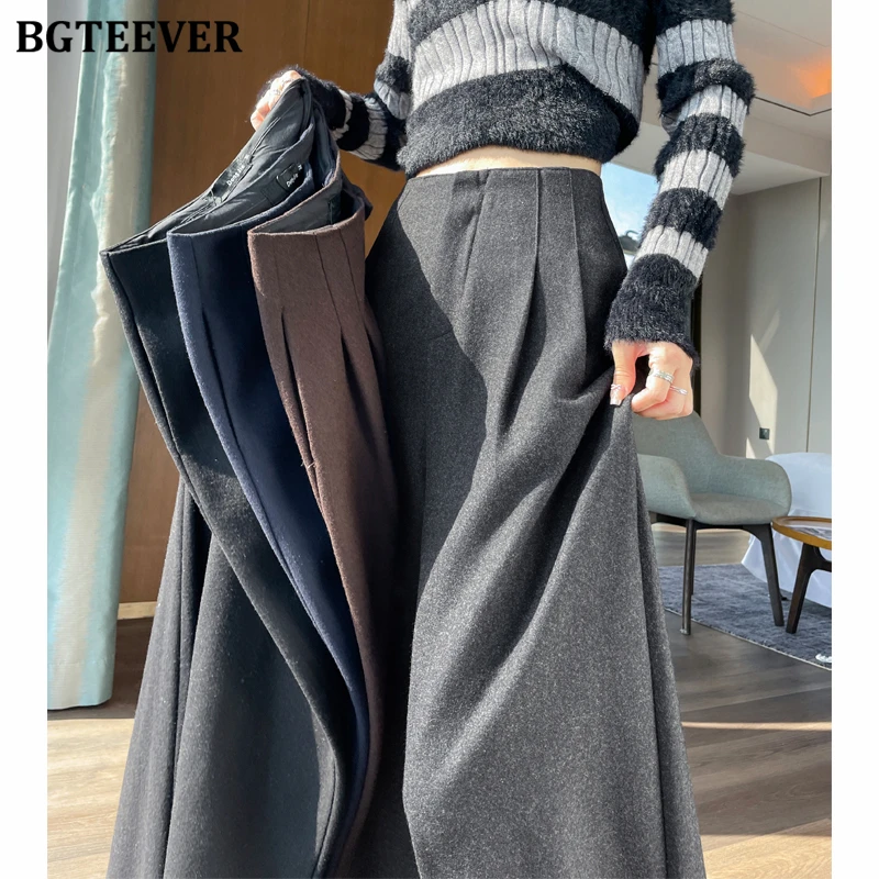 BGTEEVER elegante cintura alta hasta el suelo cálido suelto mujer traje de lana pantalones invierno espesar terciopelo señoras pantalones de pierna ancha