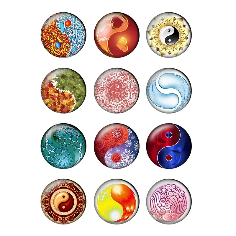 12pcs Yin Yang Tai Chi Sun and Moon Round Photo Glass Cabochon 8mm To 25mm Demo Flat Back DIY Jewelry Making Supplies T038