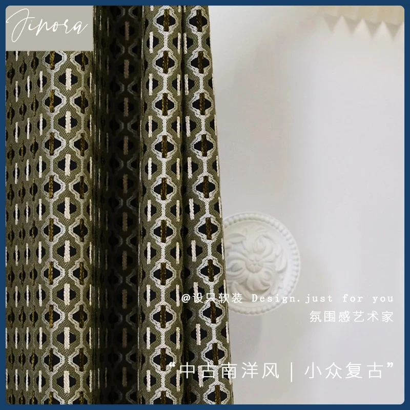 

French Luxury Medieval Curtains for Living Room Bedroom High-end Texture Geometric Retro Green Chenille New Custom Decoration