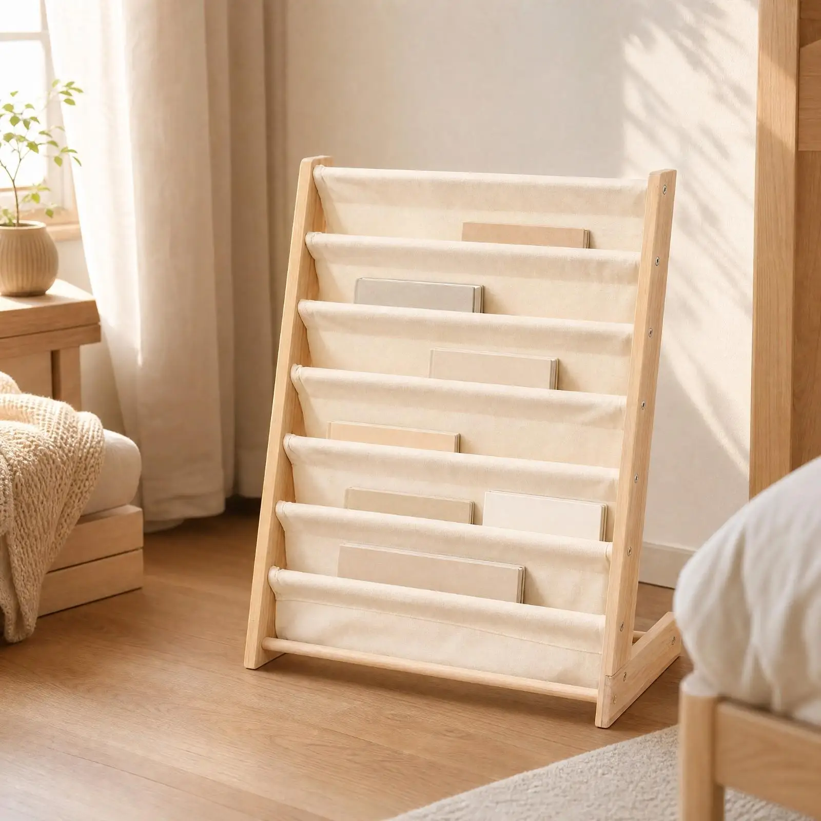 Child Friendly Wooden Bookshelf with Canvas Bins Front Display Bookcase for Small Kids Room Nursery School Library Storage Unit