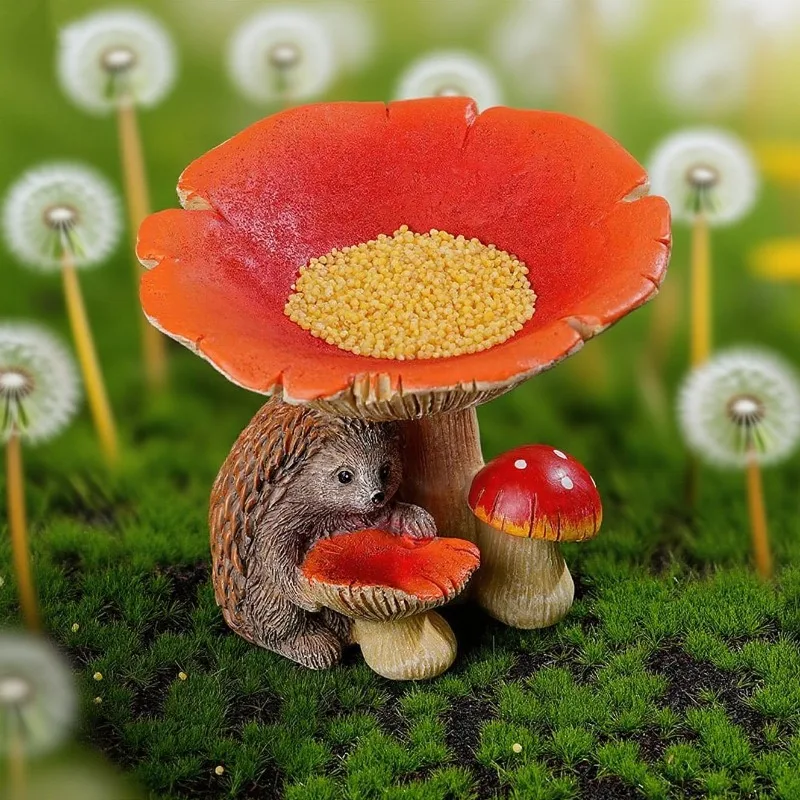 Hedgehog Mushroom Bird Food Basin Bird Feeder Outdoor Courtyard Garden Resin Ornament Balcony Landscaping Decoration