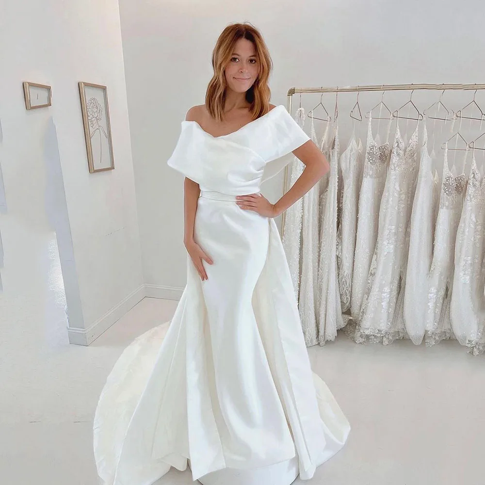 

Msikoods Elegant Satin Mermaid Wedding Dresses Pleated Off Shoulder Sweetheart Bridal Gowns With Detachable Train Bride Dress