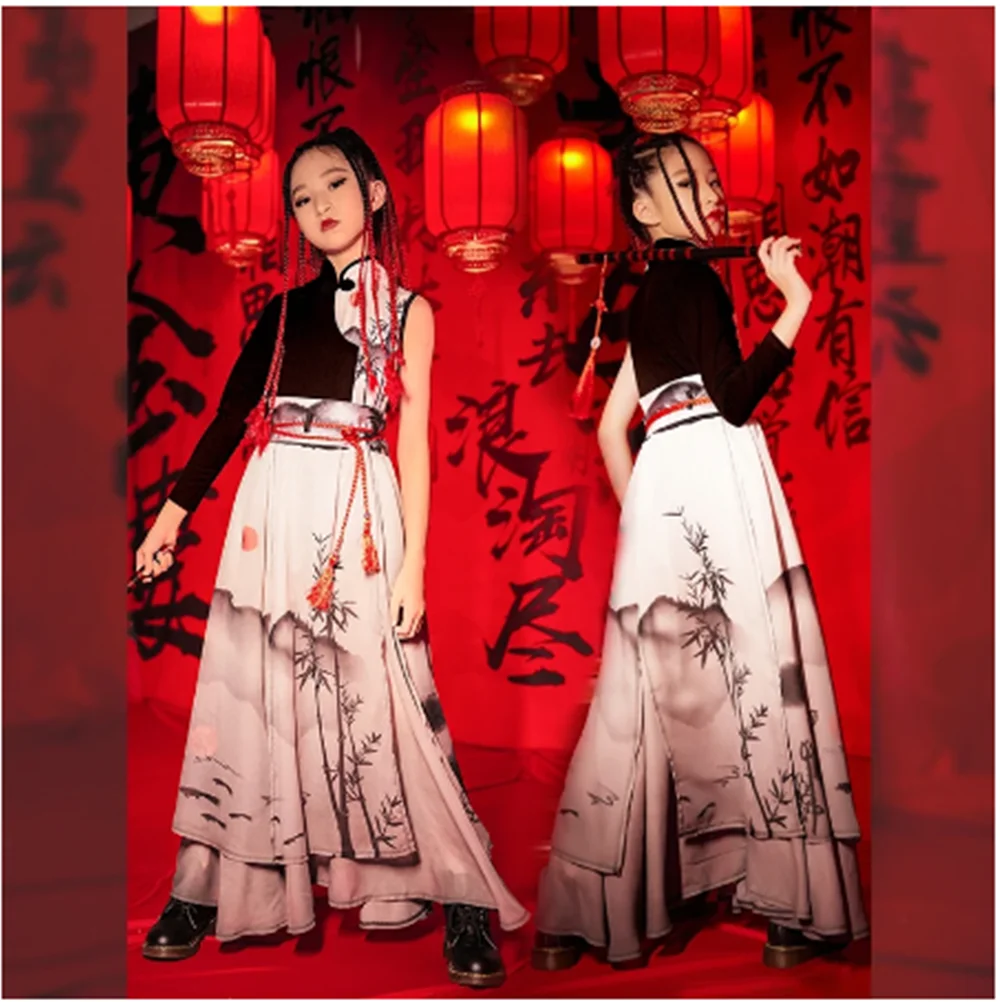 Chinese Style Ink Wash Painting Catwalk Show Stage Costume Set Girls Jazz Modern Dancing Performance Clothing Dancewear