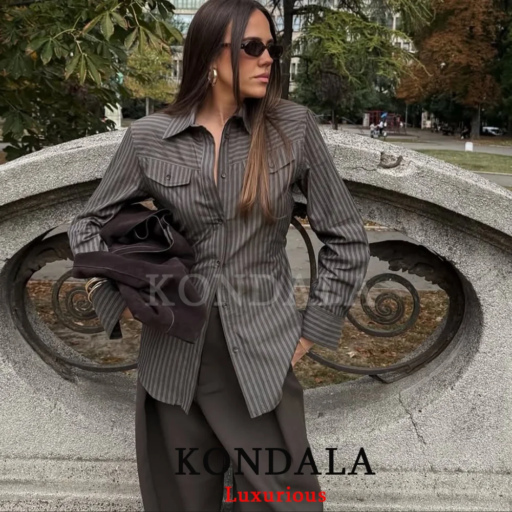 

KONDALA Casual Striped Print Women Shirts V Neck Long Sleeve Slim Waist Blouses Fashion 2025 Office Lady Elegant Tops