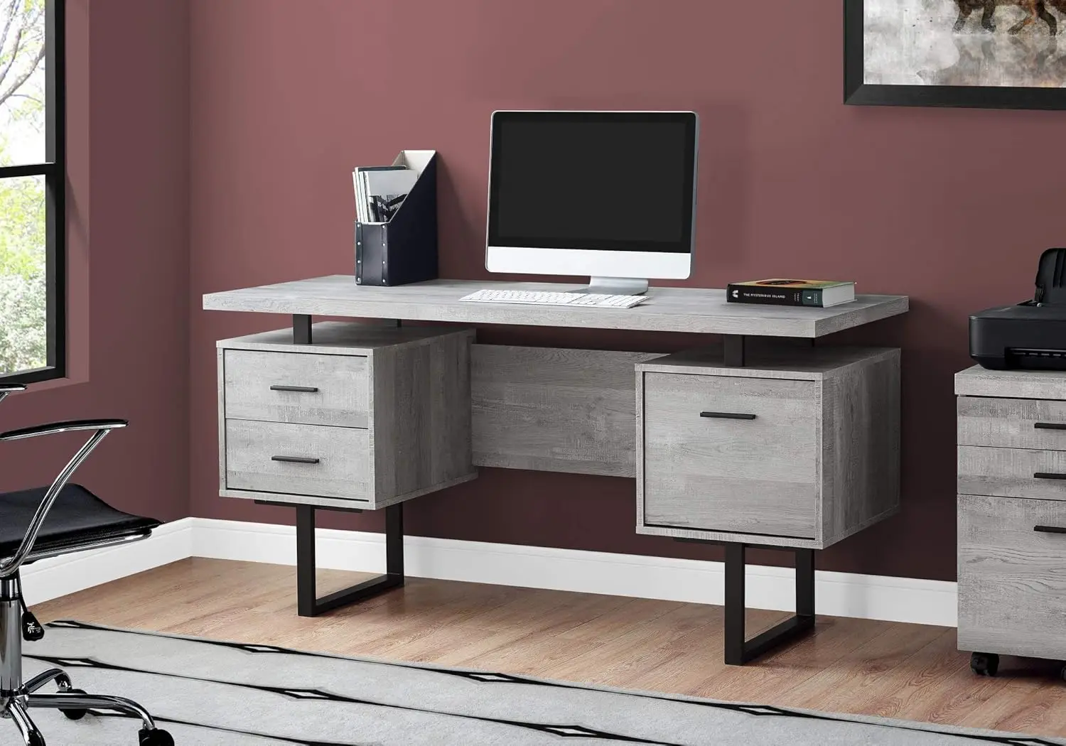 Computer Desk with Drawers - Contemporary Style - Home & Office Computer Desk with Metal Legs - 60"L (Grey Reclaimed Wood Look)