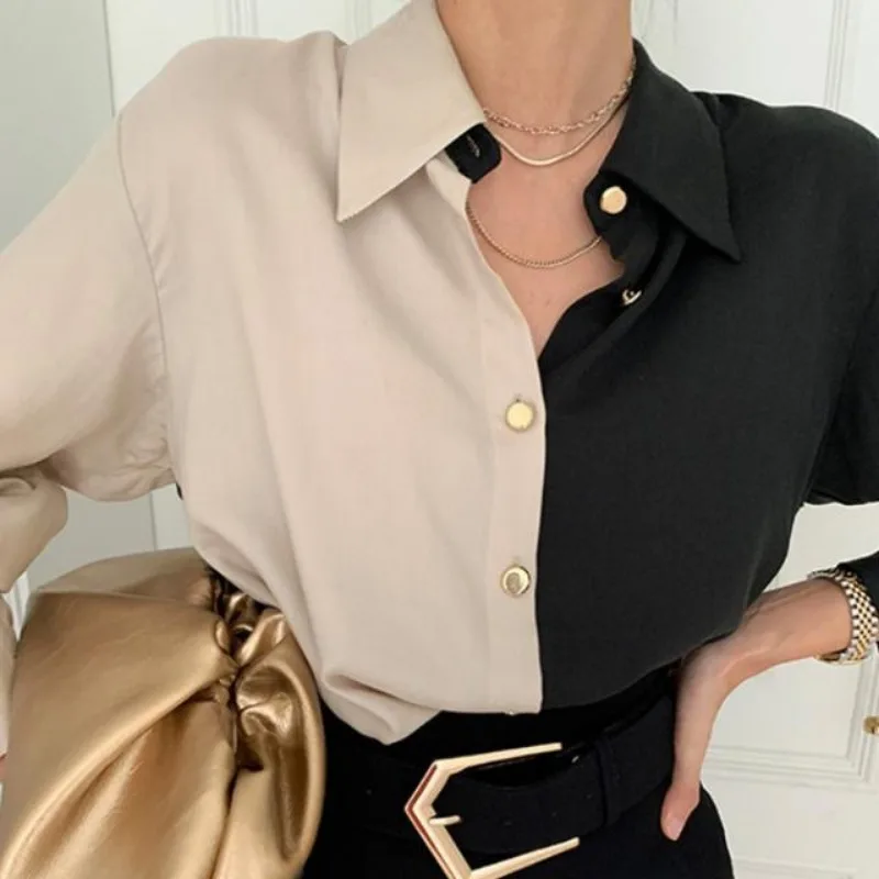 Women\'s Korean Fashion Vintage Contrast Color Chic Shirt Office Lady Lapel Elegant Commute Blouse Long Sleeve Loose Tops Blusas