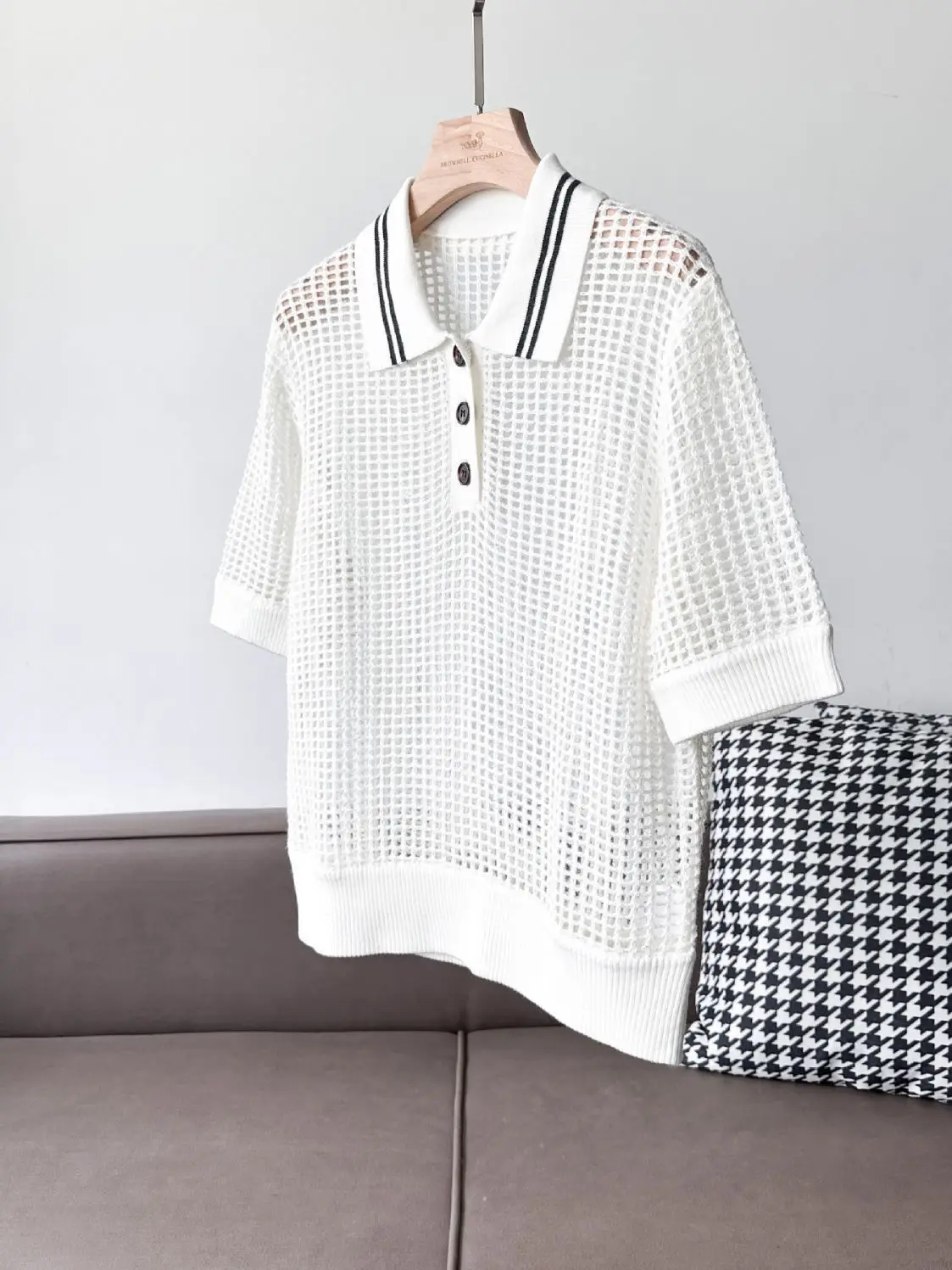 24 Spring New Knit Tops Simple Style Hollowed Out Sequins POLO Collar Short Sleeve Knit Sweater Women