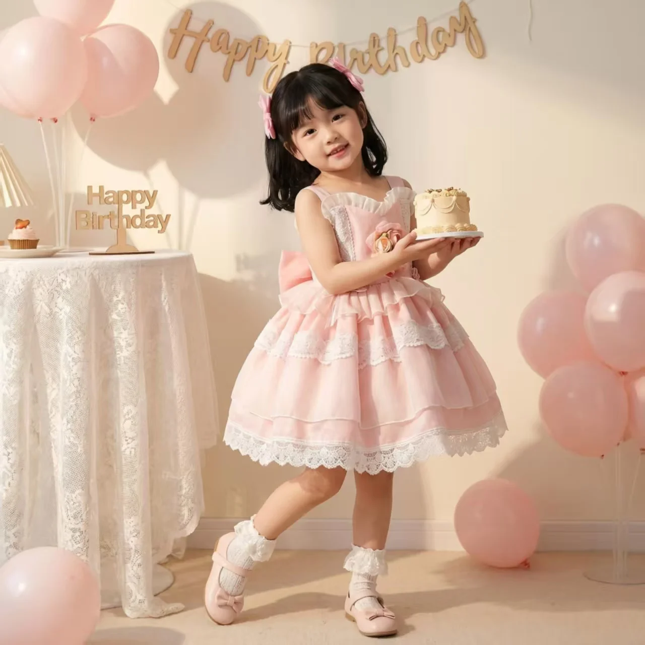 Handgefertigtes Mädchen-Prinzessinnenkleid in Rosa für Hochzeiten, Boutique-Kostüm für Babymädchen-Geburtstage, Blumenmädchen-Tüllrock mit Schleife, Modische Kinderkleidung – Detail 3