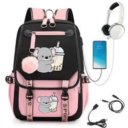 Primary Schoolbag for Girls Teenager Backpack Cartoon Koala Boba Tea Kawaii Waterproof School Bag Backpacks Anime Usb Bookbag