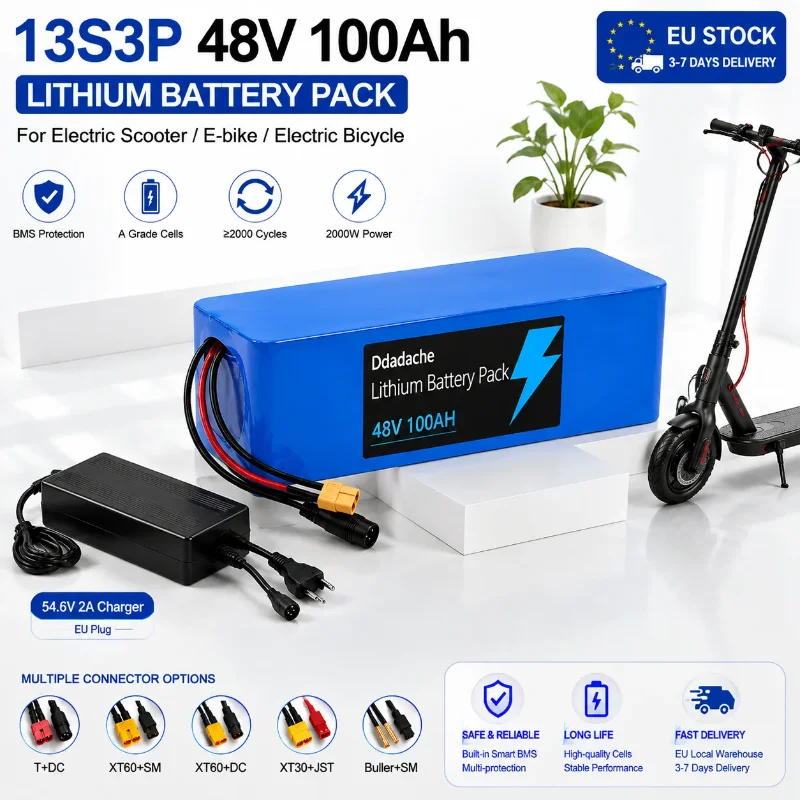 48-V-Batterie, 100 Ah, 13S3P, 18650, Lithium-Akkupack, intelligentes BMS, 54,6-V-Ladegerät, Elektroroller, E-Bike, EU-Lager, schneller Versand.