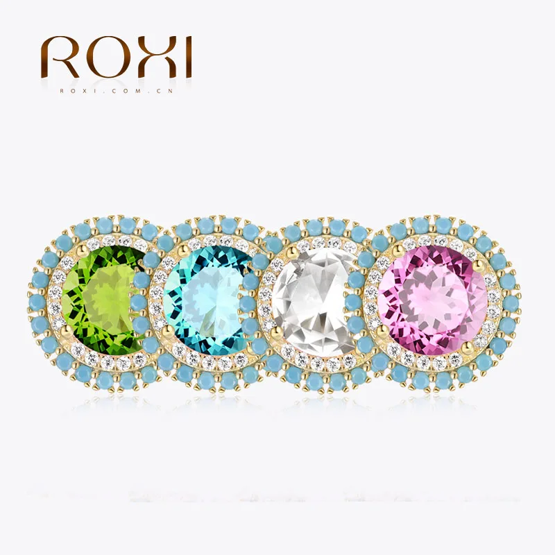 ROXI 925 Sterling Silver Stud Earring Pave Colored Zircon Turquoise Round Earrings For Women Brinco Prata 925 Wedding Jewelry