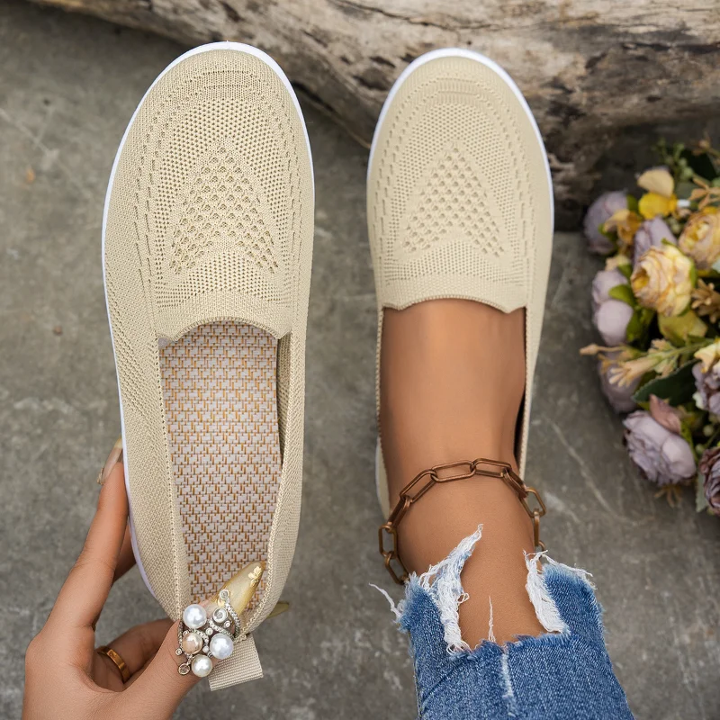 Women Heart Hollow Knit Mesh Slip On Flats Breathable Lightweight Non Slip Soft Sole Daily Walking Woven Casual Shoes