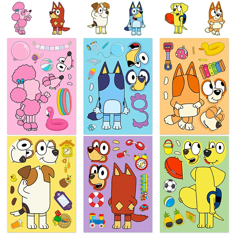 Blue Anime Cartoon Dog Puzzle Adesivos para crianças, cor, bonito, educação, brinquedos para crianças, presente, DIY, 6 pcs, 12 pcs, 18pcs