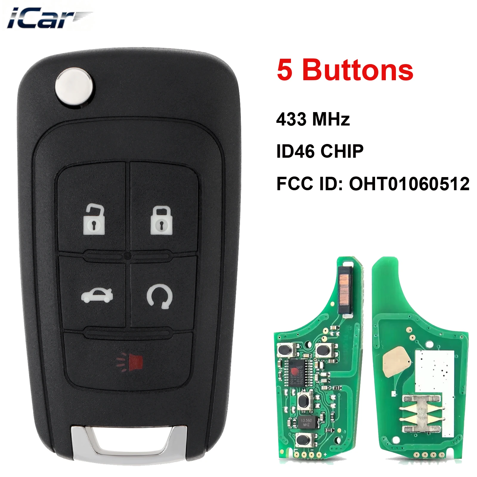

iCar OHT01060512 5 кнопок 433 МГц KeylessGo Flip Складной умный дистанционный автомобильный брелок с чипом ID46 для Chevrolet Chevy GMC Buick
