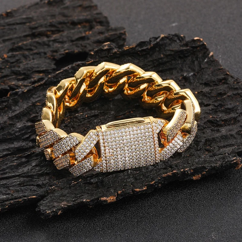 

Super wide 20mm hip hop zircon rhombic bracelet for man, silver and gold luxury staninless steel hand jewelry