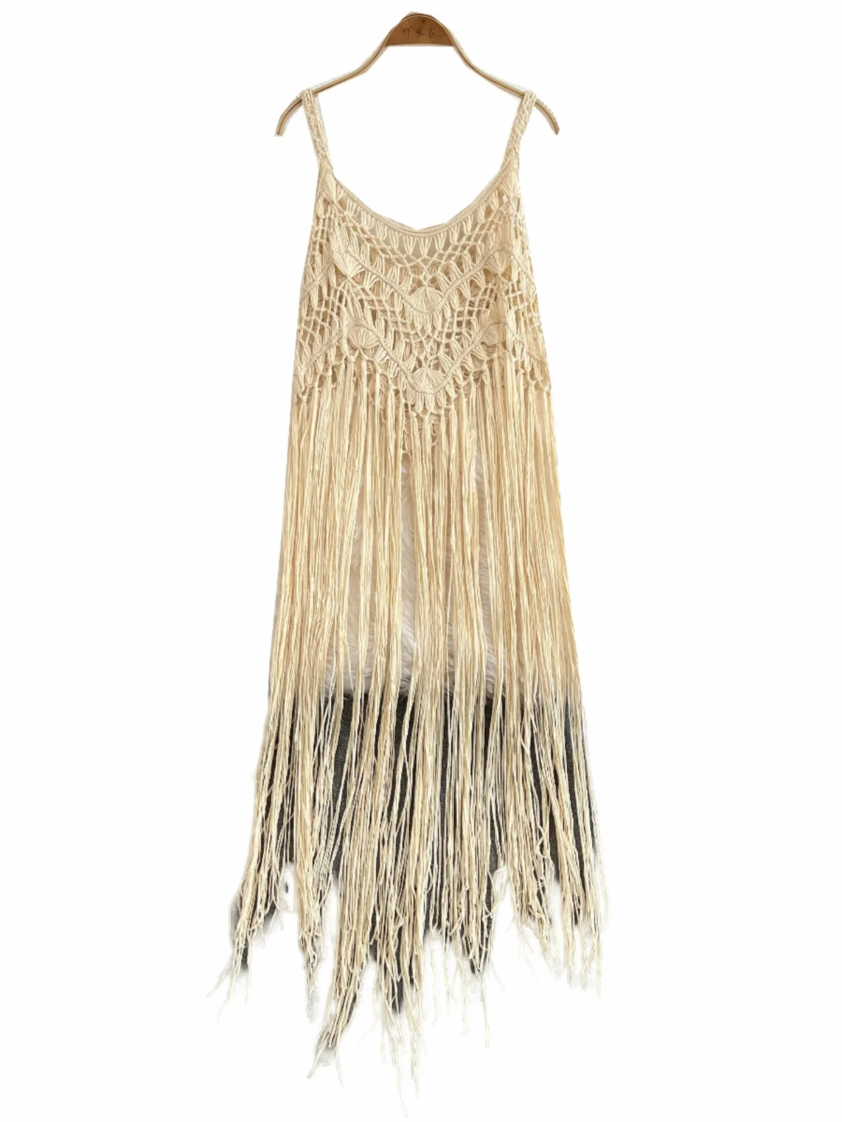 Vestido longo de malha étnico boêmio com franjas nas costas, feito à mão em crochê, vazado, em camadas, vestido midi f...