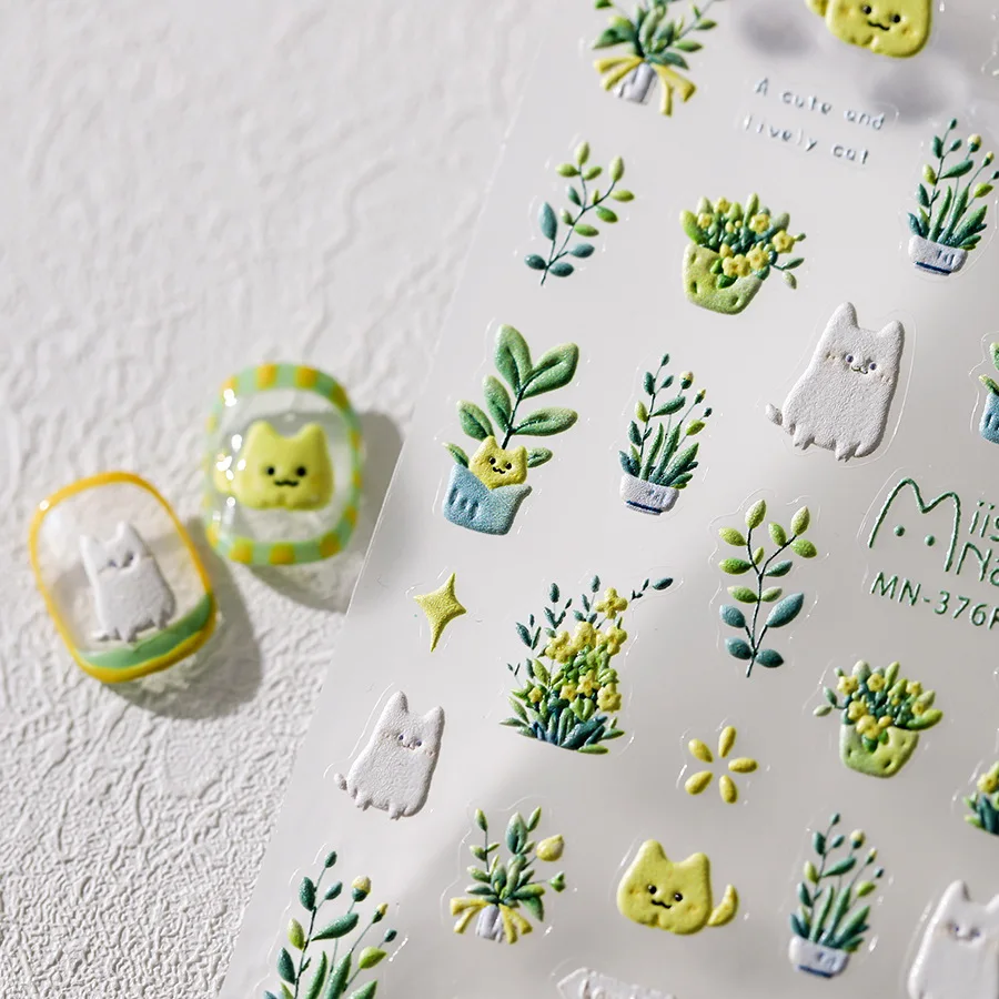 1pcs Lovely Cat Green Potted Plant Flowers Nail Stickers 5D Embossed Self Adhesive Nail Art Stickers 3D Cute Cat Manicure Decals