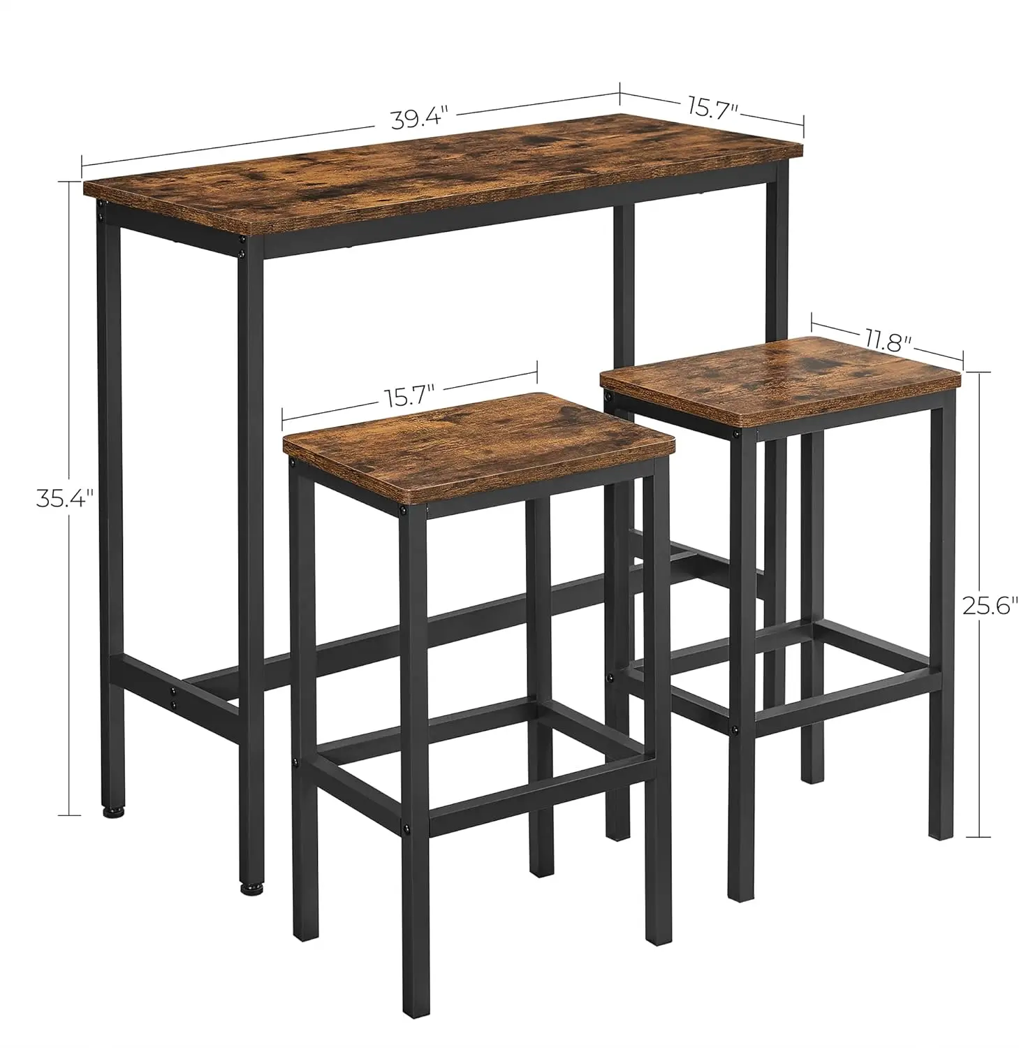 Dining Table Set, Bar Table and Chairs Set, Kitchen Bar Height Table with Stools Set of 2, Steel Frame, Industrial, Rustic Brown