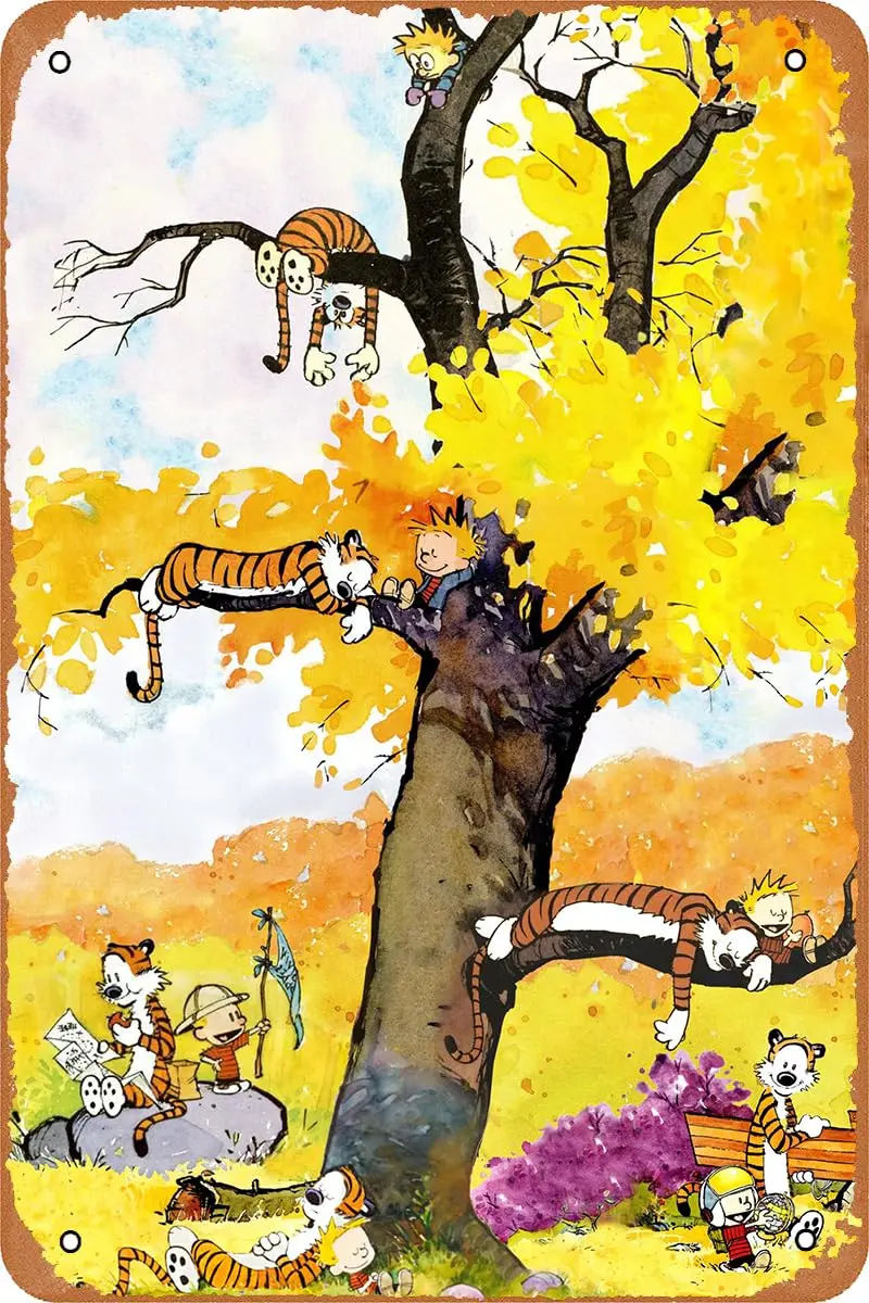 Retro Tin Sign Vintage Look Metal Sign Calvin and Hobbes Cartoon Poster for Children's Room Classroom Home Wall Decor Kids  sign