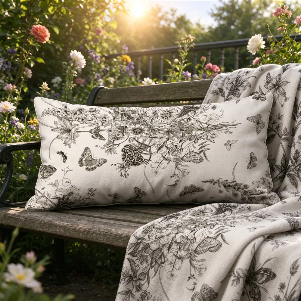 White Gray Sketch Floral Print Long Pillow Cover, Hand Drawn Style, Garden Decorative, Polyester, Baby Shower Gift, Home Accent